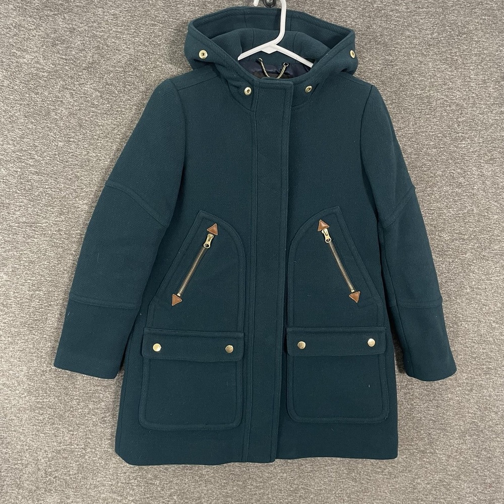 J.Crew Italian Stadium Cloth Parka Coat Womens 2P Petite Green Hooded Wool